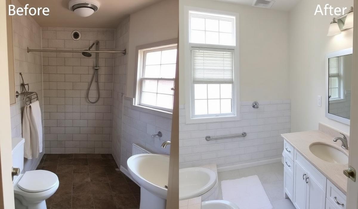 Before and after bathroom remodel in Palm Beach County: dated tile shower and worn floor on the left, bright renovated bathroom with new tile, vanity and grab bar on the right