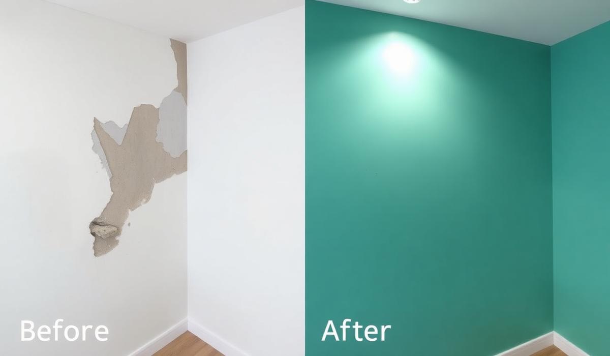 Before and after drywall repair: damaged wall with a large hole and peeling plaster on the left, smooth patched and freshly painted wall on the right