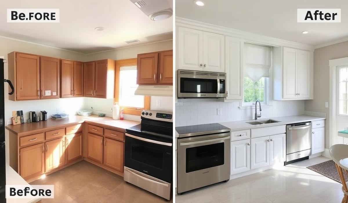 Before and after kitchen remodel: dated oak cabinets and laminate counters on the left, white shaker cabinets, quartz counters and stainless appliances on the right