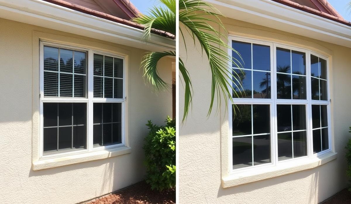 Before and after exterior window project: older aluminum windows and worn stucco on the left, new impact windows with clean stucco finish on the right